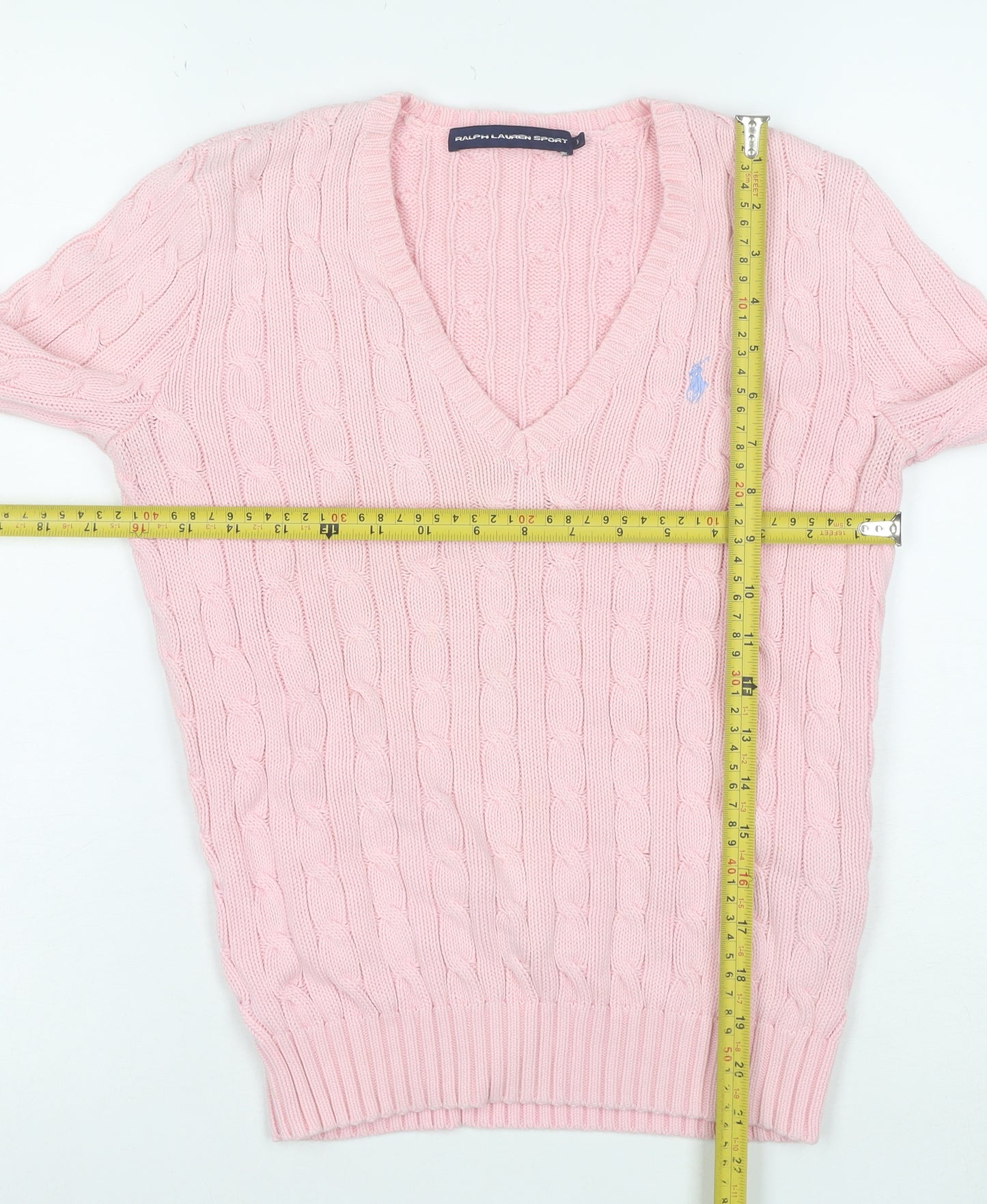 Ralph Lauren Sport Women's Pink Cotton V-Neck Cable Knit Jumper M