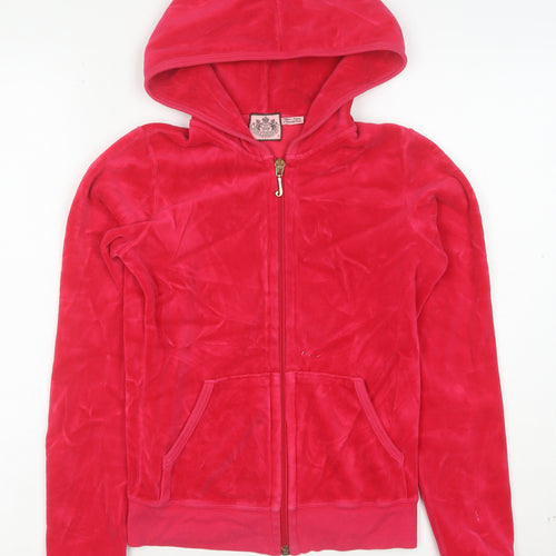 Juicy Couture Women Red Velour Full Zip Hoodie Size XS Relaxed Fit
