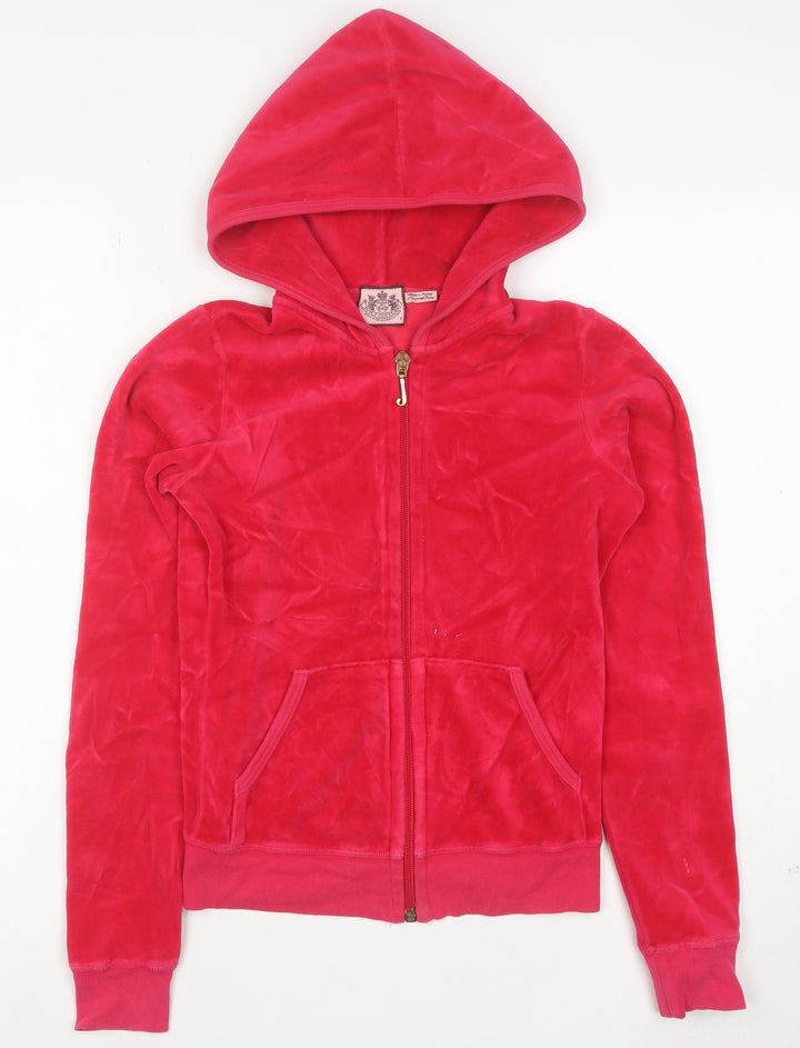 Juicy Couture Women Red Velour Full Zip Hoodie Size XS Relaxed Fit