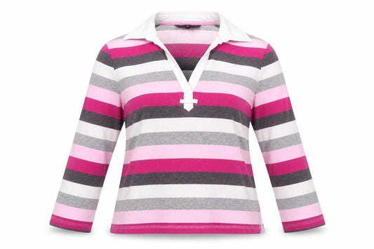 Front view of Maine New England women’s multicoloured striped cotton rugby top, size UK 12