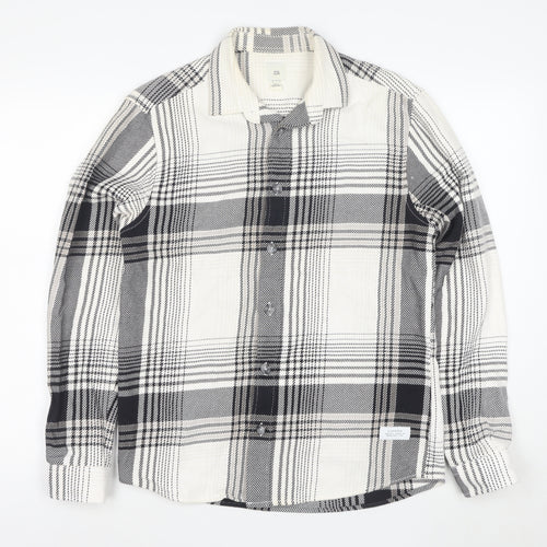 River Island Men's Black Plaid Button-Up Cotton Shirt Size S