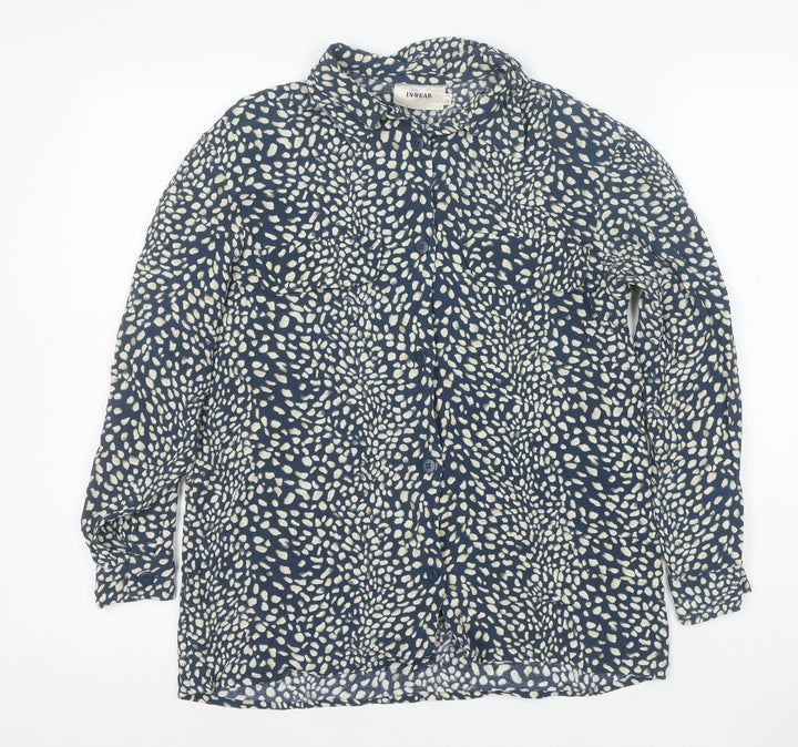 InWear Women's Blue Animal Print Long Sleeve Button-Up Blouse Size S