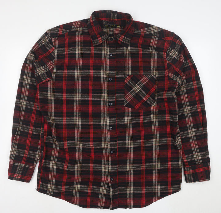 Activa Mens Red Black Plaid Flannel Button-Up Shirt 2XL