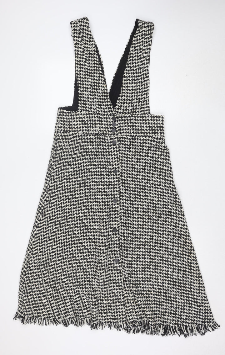 ZARA Women’s Black Houndstooth Pinafore Dress M Wool Tweed
