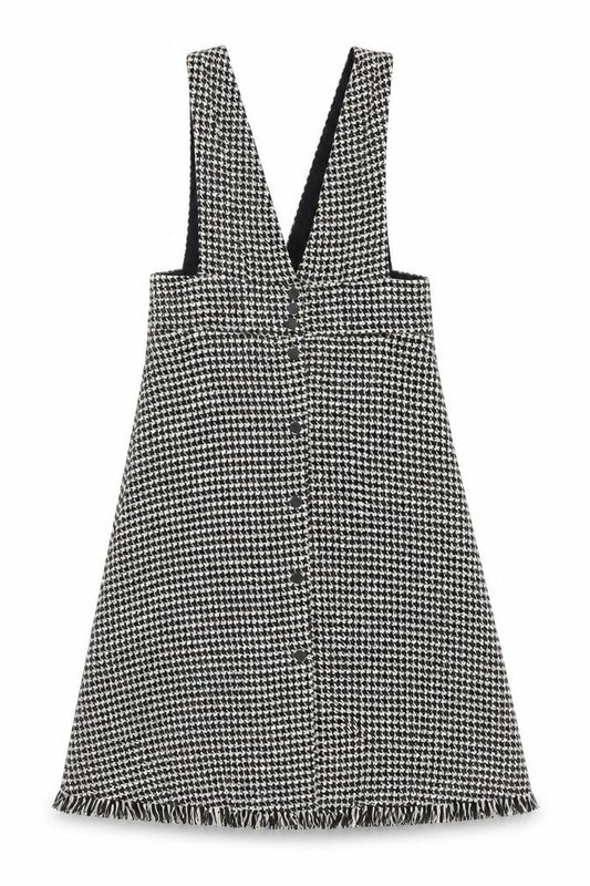 Front view of Zara Women’s Black Houndstooth Pinafore Dress M Wool Tweed