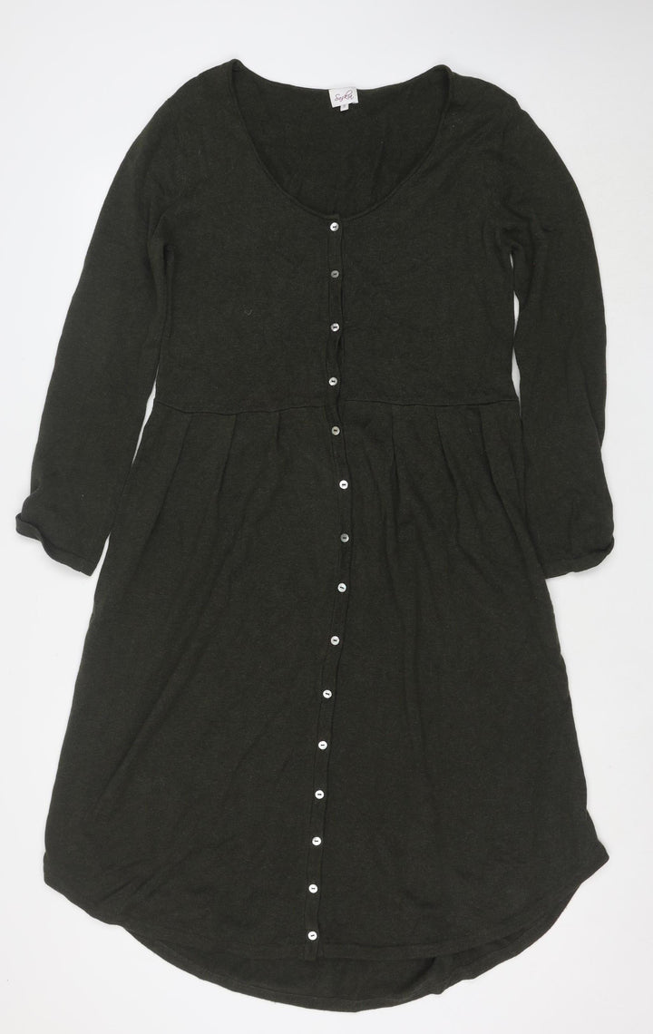 Saskia Women Green Cotton Long Sleeve Button Shirt Dress S