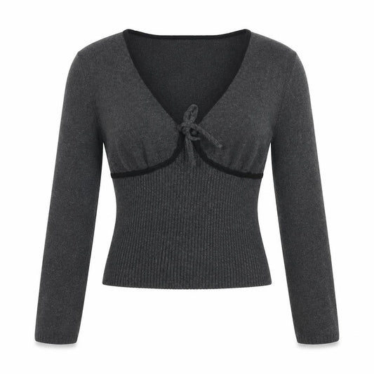 Front view of Urban Outfitters Women’s Grey Wool Knit V-Neck Puff Sleeve Cardigan M