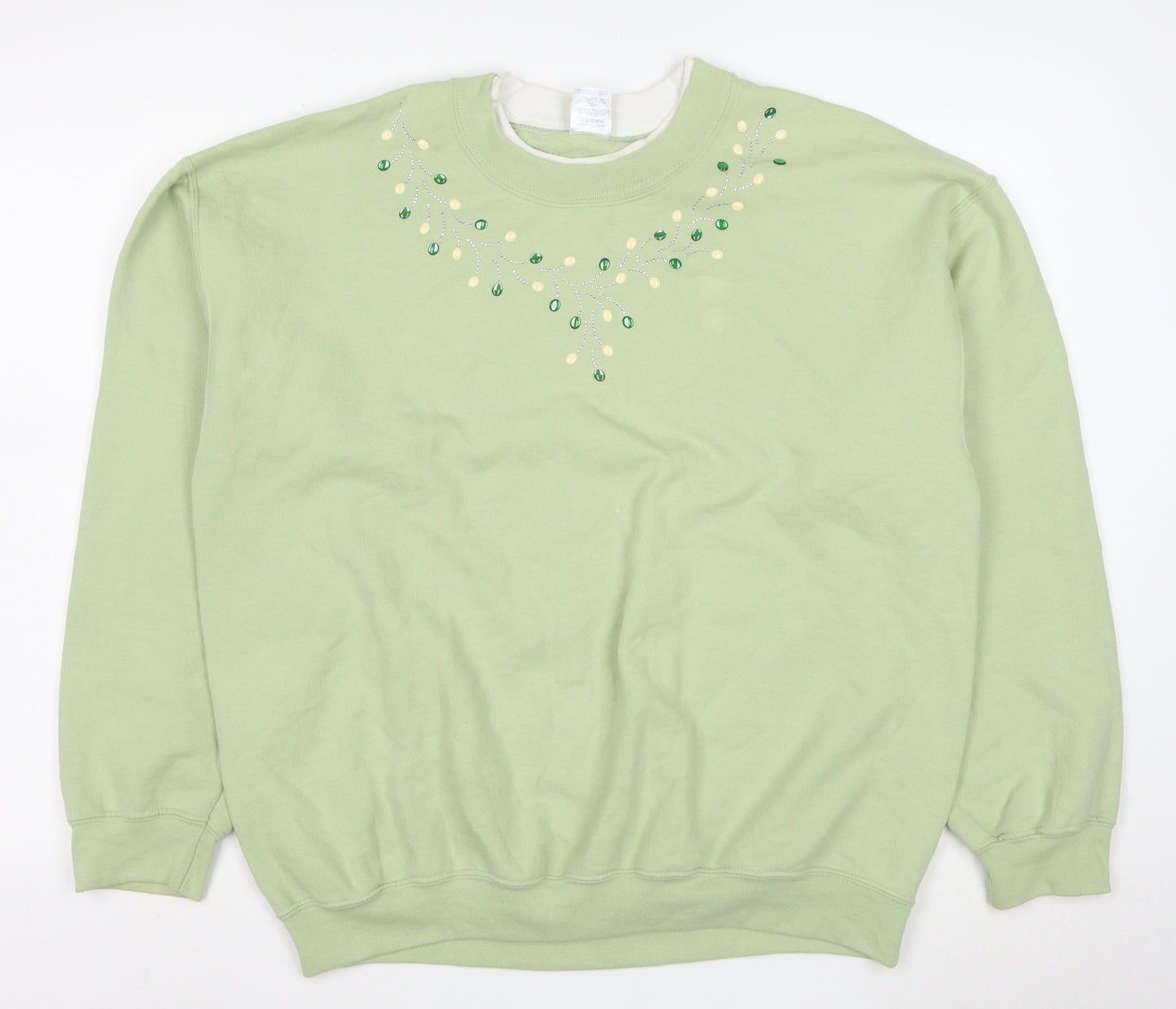 Gildan Women Green Beaded Pullover Sweatshirt L Cotton Blend
