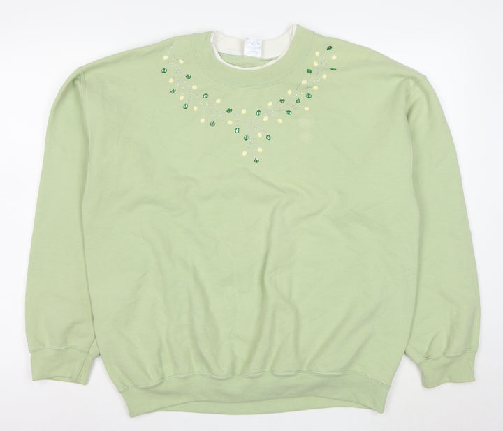 Gildan Women Green Beaded Pullover Sweatshirt L Cotton Blend