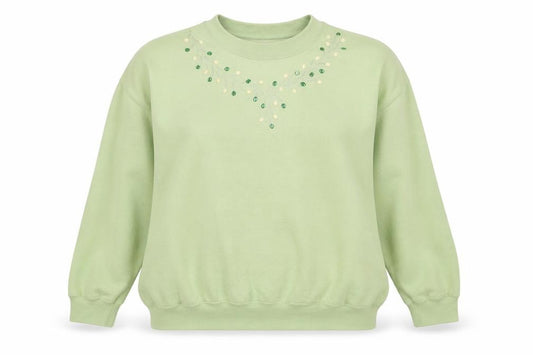 Front view of Gildan Women Green Beaded Pullover Sweatshirt L Cotton Blend