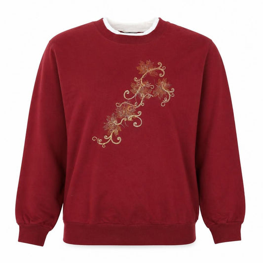 Front view of Trilogy by Morning Sun Women's Red Embroidered Pullover Sweatshirt, size S