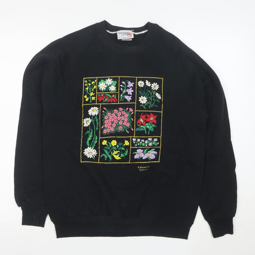Morning Sun Unisex Black L Pullover Floral Embroidered Sweatshirt