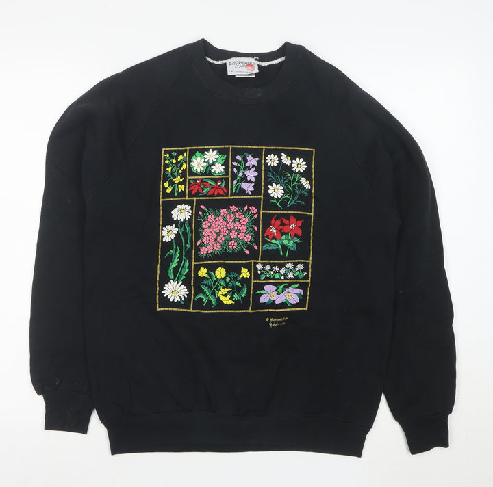 Morning Sun Unisex Black L Pullover Floral Embroidered Sweatshirt