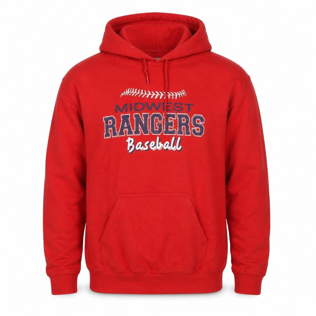 Front view of Gildan Men's Red Pullover Hoodie Midwest Rangers Baseball M