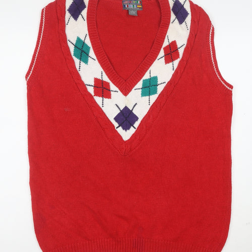 Paris Sport Club Women's Red Argyle Knit V-Neck Sleeveless Vest M