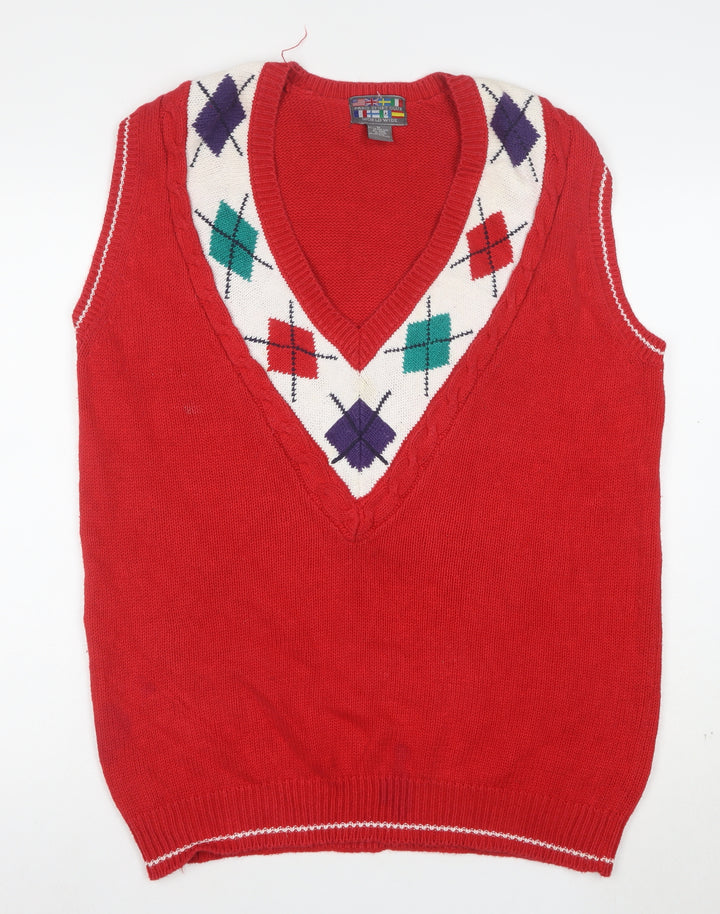 Paris Sport Club Women's Red Argyle Knit V-Neck Sleeveless Vest M