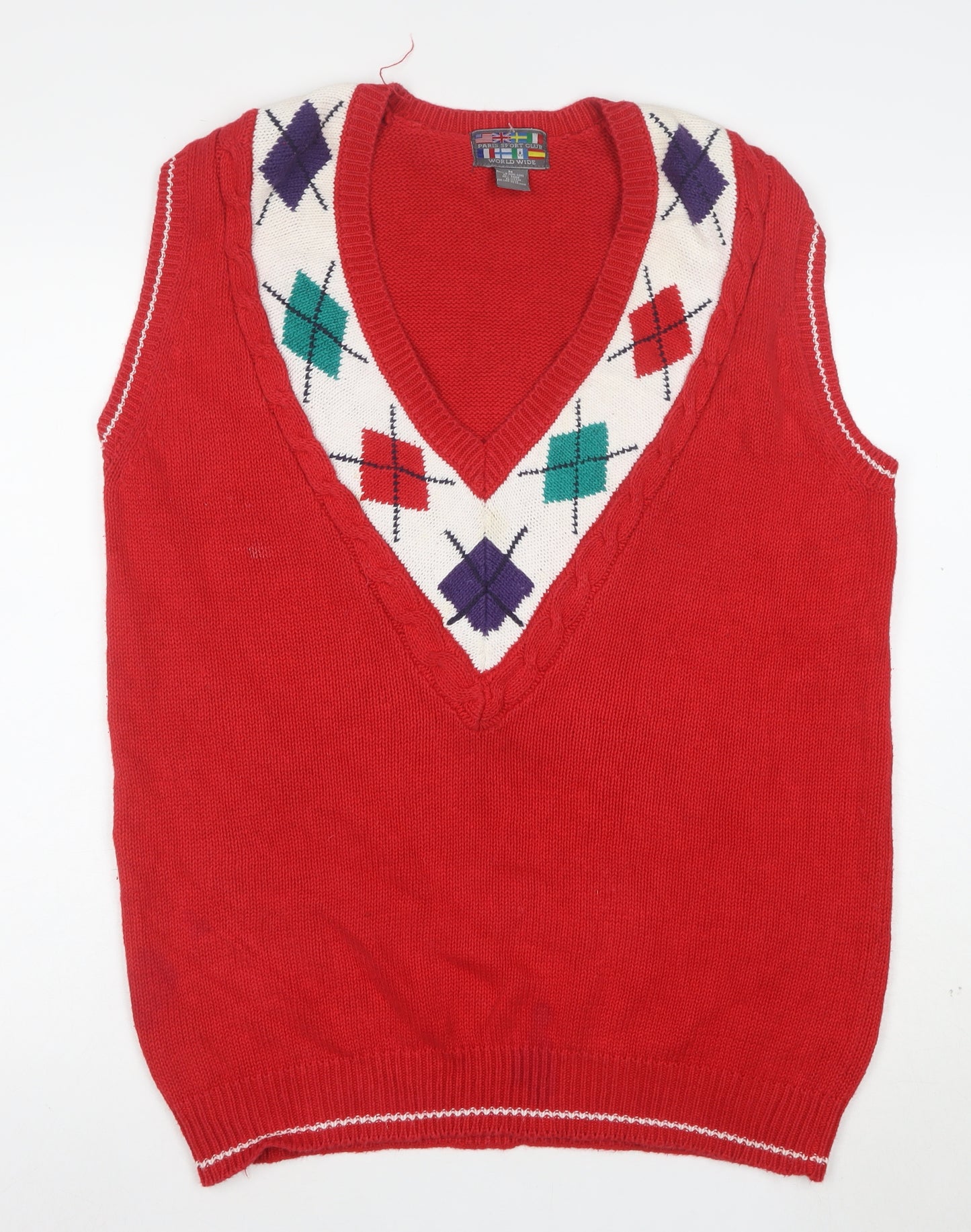 Paris Sport Club Women's Red Argyle Knit V-Neck Sleeveless Vest M