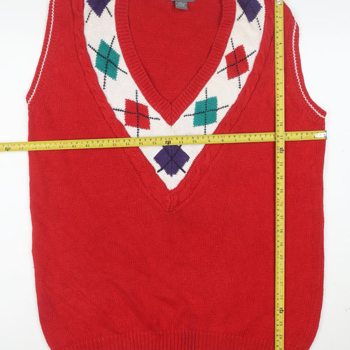 Paris Sport Club Women's Red Argyle Knit V-Neck Sleeveless Vest M