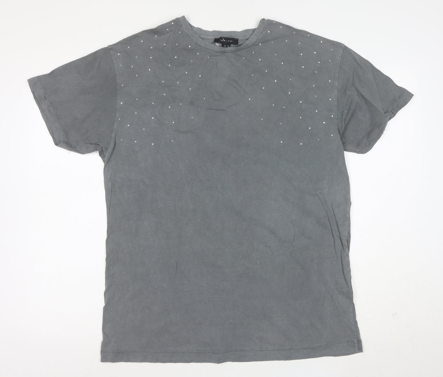 New Look Women's Grey Studded Cotton T-Shirt UK 12 Short Sleeve