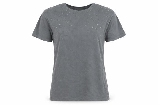 Front view of New Look Women's Grey Studded Cotton T-Shirt UK 12 Short Sleeve