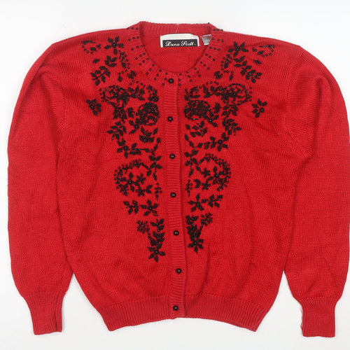 Dana Scott Women Red Beaded Floral Knit Cardigan Jumper Size S