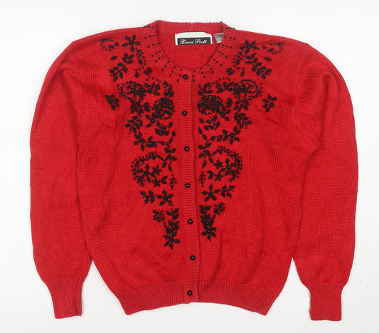 Dana Scott Women Red Beaded Floral Knit Cardigan Jumper Size S