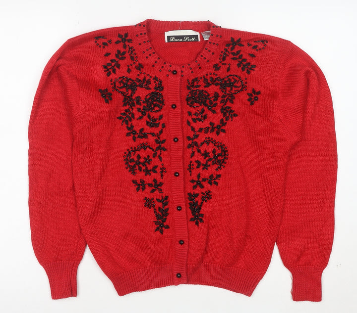 Dana Scott Women Red Beaded Floral Knit Cardigan Jumper Size S