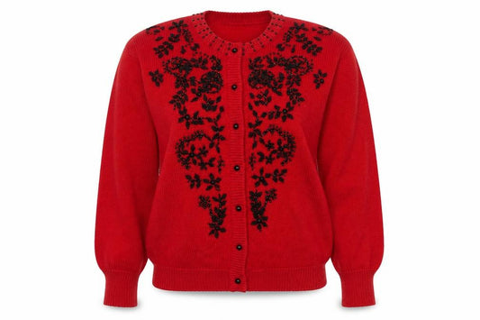 Front view of Dana Scott Women Red Beaded Floral Knit Cardigan Jumper, size S