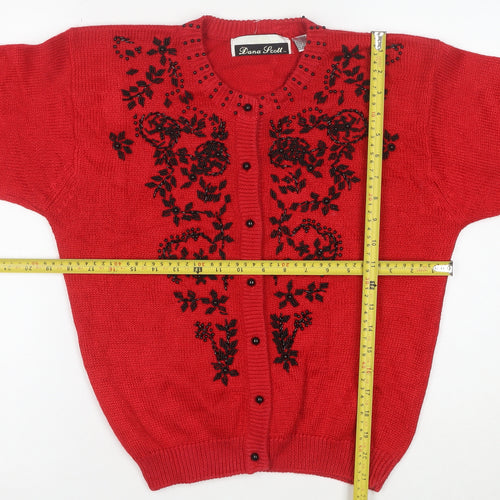 Dana Scott Women Red Beaded Floral Knit Cardigan Jumper Size S