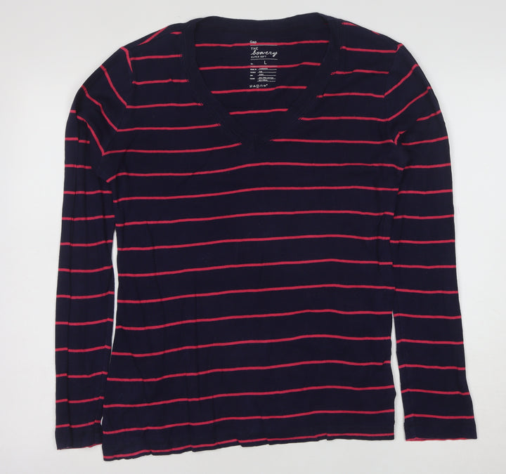 Gap Women’s Blue Striped V-Neck Long Sleeve Cotton Modal T-Shirt Size L