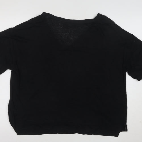 Tahari Women’s Black Linen V-Neck Short Sleeve Relaxed Fit T-Shirt Size L