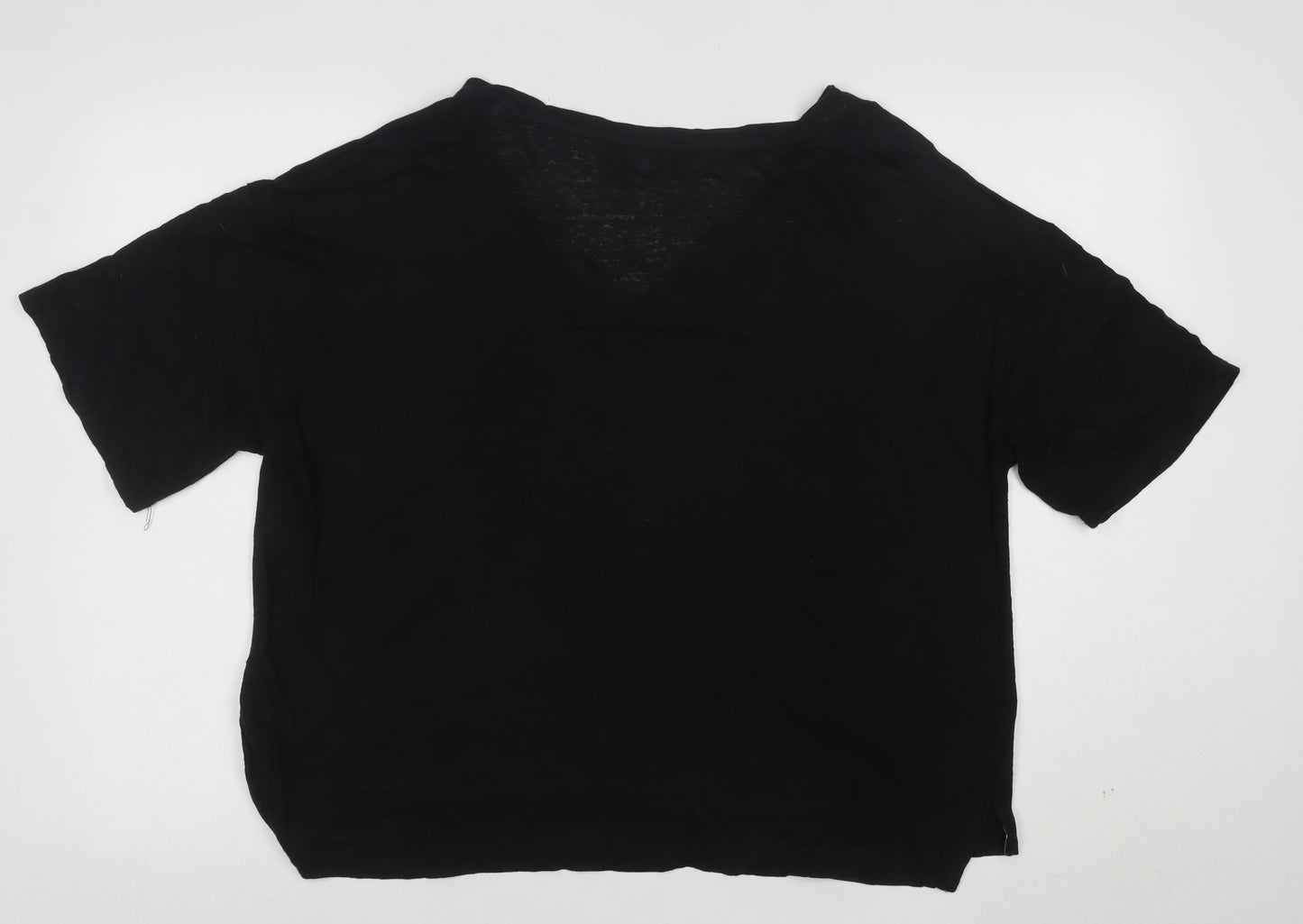 Tahari Women’s Black Linen V-Neck Short Sleeve Relaxed Fit T-Shirt Size L
