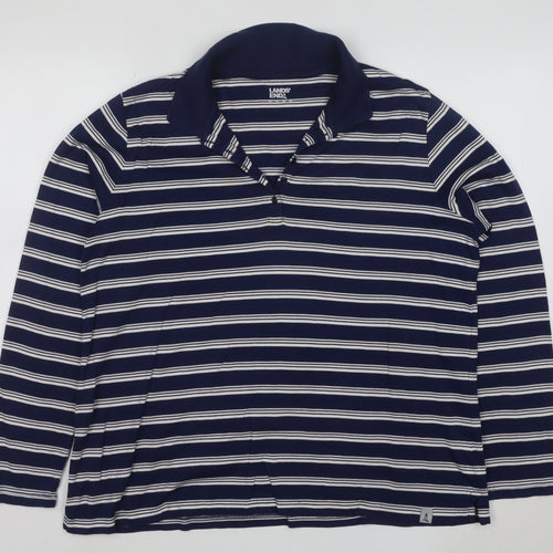 Lands' End Men's Blue Striped Long Sleeve Cotton Polo Shirt L