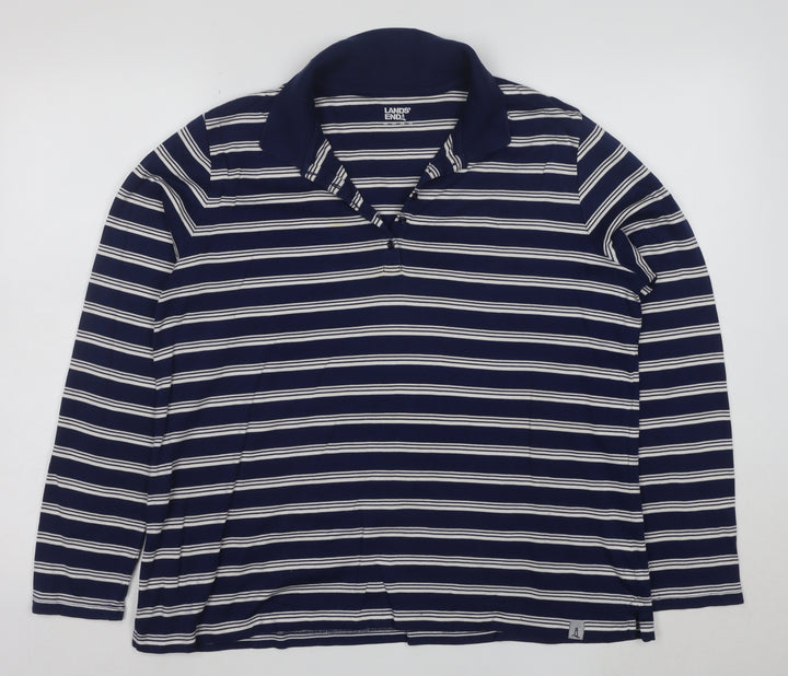 Lands' End Men's Blue Striped Long Sleeve Cotton Polo Shirt L