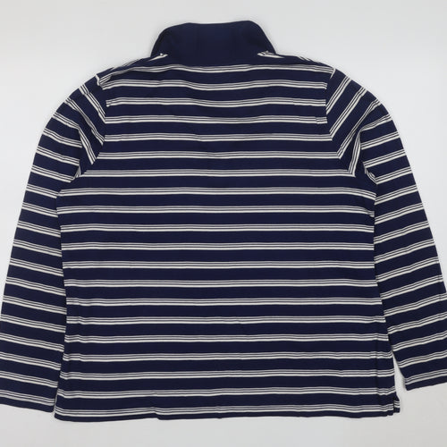 Lands' End Men's Blue Striped Long Sleeve Cotton Polo Shirt L