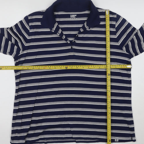 Lands' End Men's Blue Striped Long Sleeve Cotton Polo Shirt L