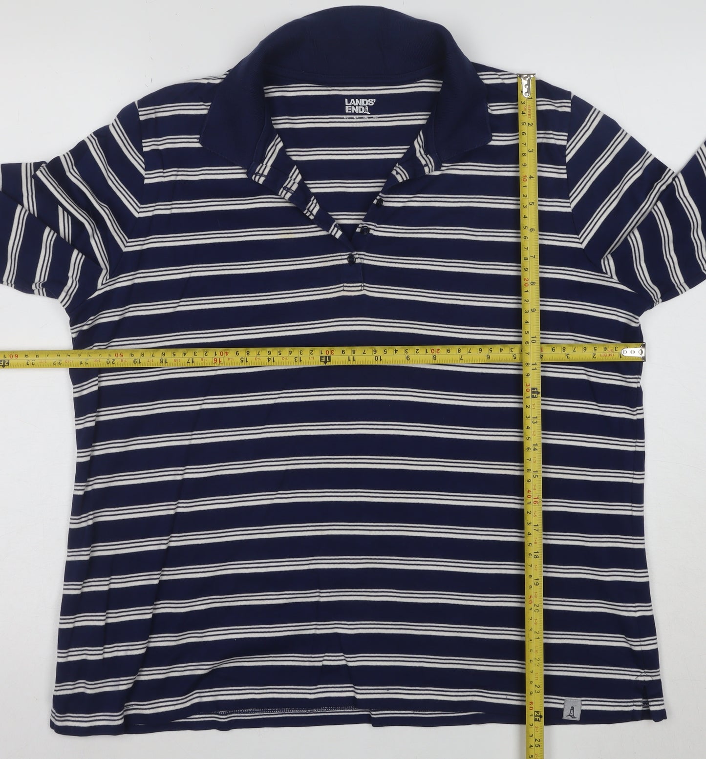Lands' End Men's Blue Striped Long Sleeve Cotton Polo Shirt L