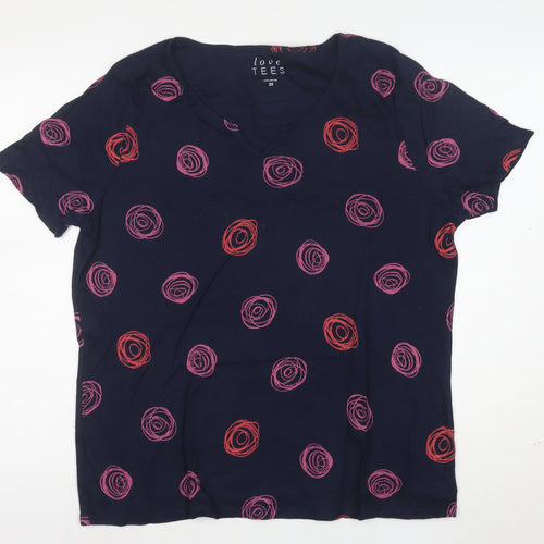 Love Tees Women's Blue Pink Print V-Neck Cotton T-Shirt Size 20