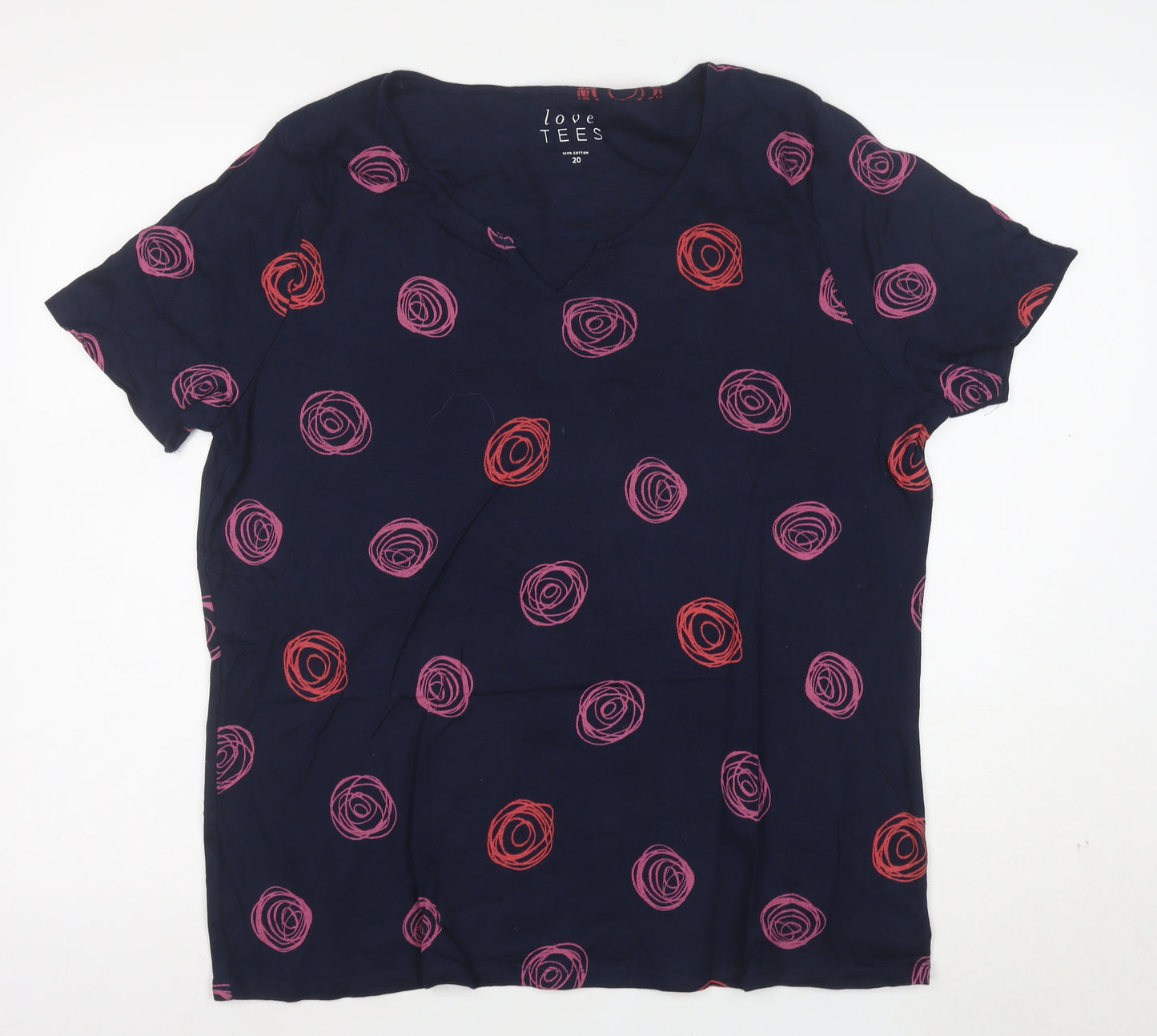 Love Tees Women's Blue Pink Print V-Neck Cotton T-Shirt Size 20