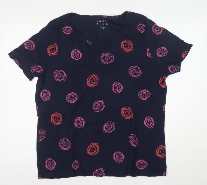 Love Tees Women's Blue Pink Print V-Neck Cotton T-Shirt Size 20