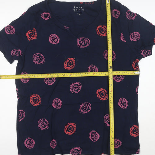 Love Tees Women's Blue Pink Print V-Neck Cotton T-Shirt Size 20