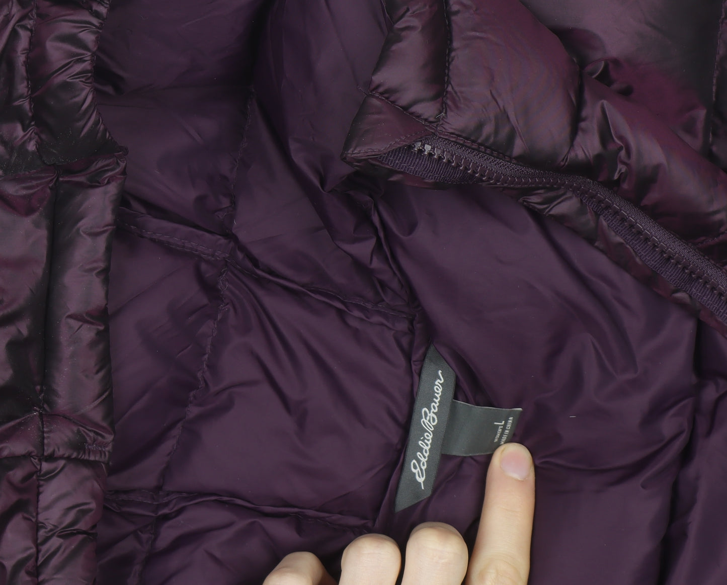 Eddie Bauer Women’s Purple Long Puffer Coat Hooded Down Size L