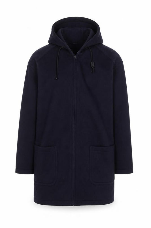 Front view of Forecaster Men's Blue Wool Hooded Mid-Length Coat, size S