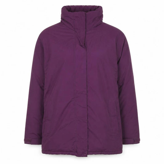 Front view of Mountain Equipment Co-op Women’s Purple Mid-Length Puffer Jacket M