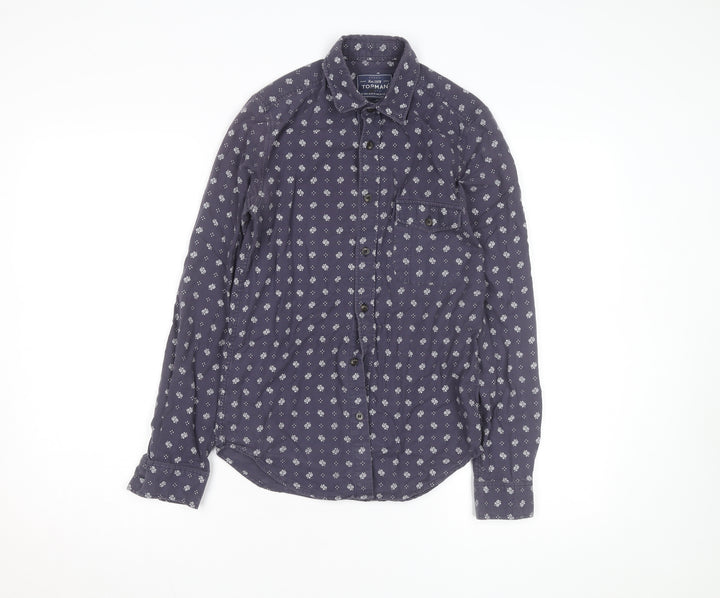 Topman Men's Blue Floral Classic Fit Long Sleeve Cotton Shirt XXS