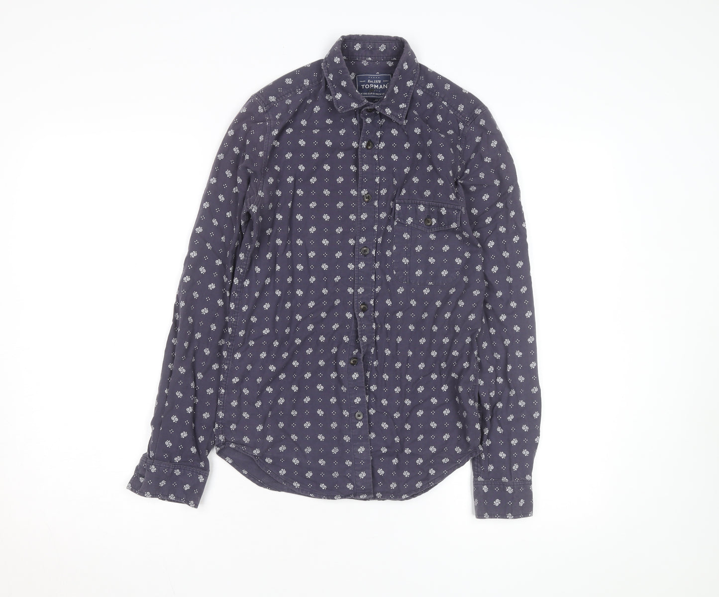 Topman Men's Blue Floral Classic Fit Long Sleeve Cotton Shirt XXS