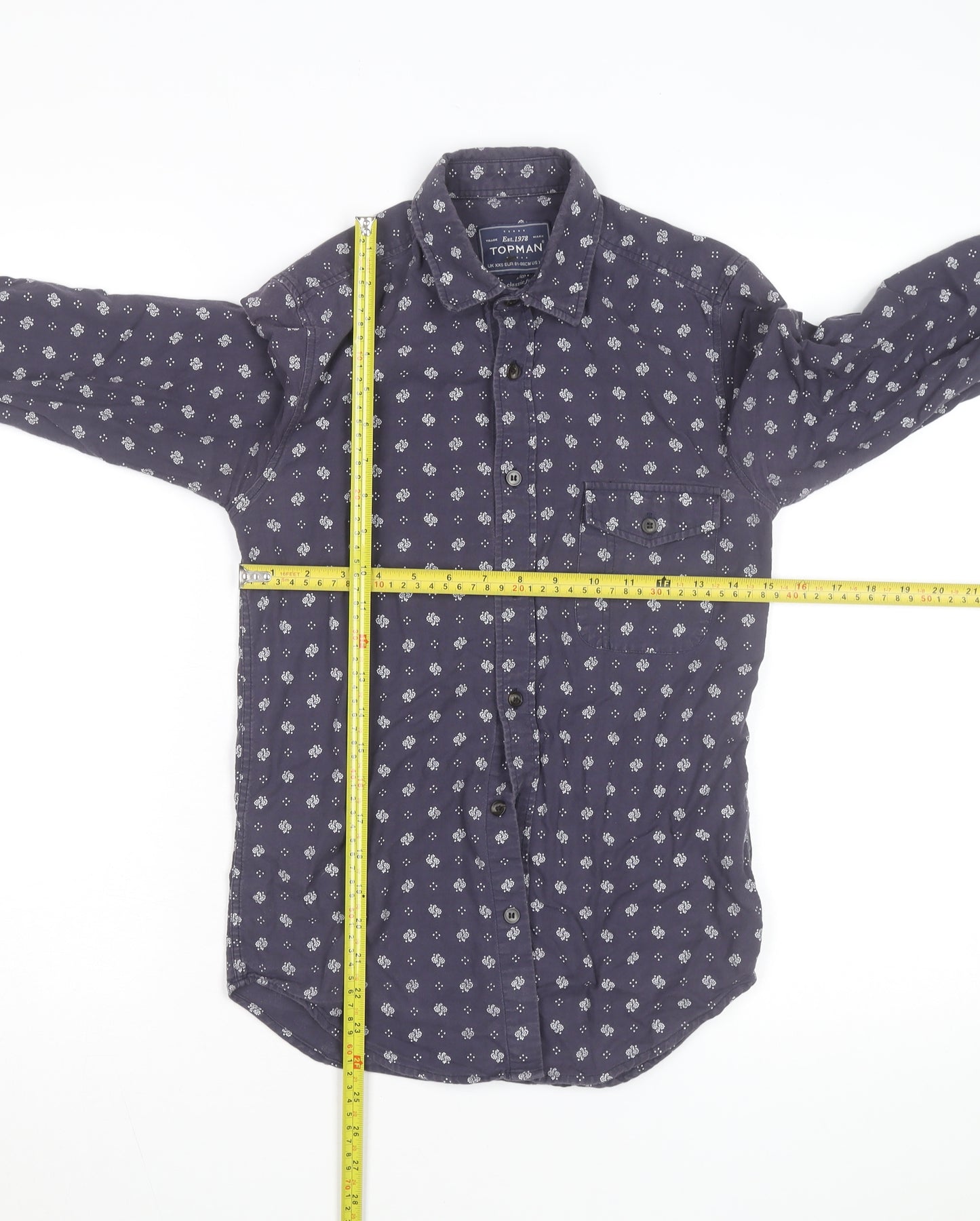 Topman Men's Blue Floral Classic Fit Long Sleeve Cotton Shirt XXS