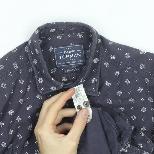 Topman Men's Blue Floral Classic Fit Long Sleeve Cotton Shirt XXS