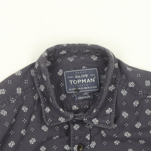 Topman Men's Blue Floral Classic Fit Long Sleeve Cotton Shirt XXS