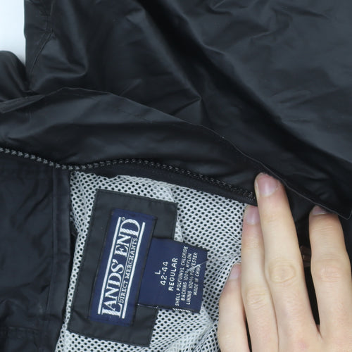 Lands' End Men's Black L Waterproof Hooded Rain Jacket Lined